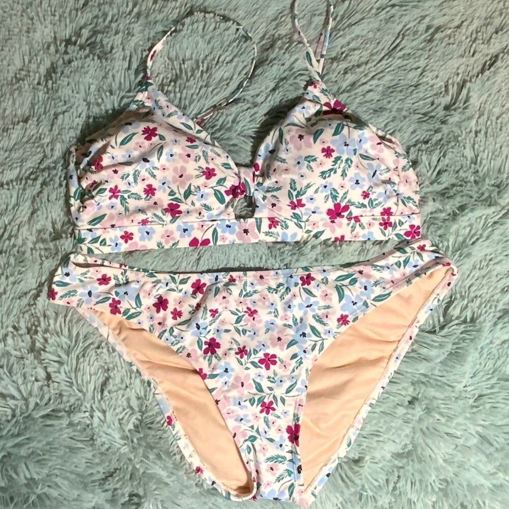 Kona Sol Floral Bikini Set - White, Pink & Blue - Large